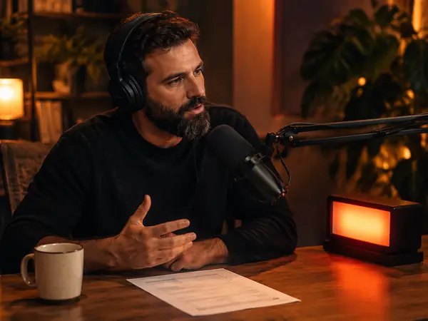 A podcast host recording an intro