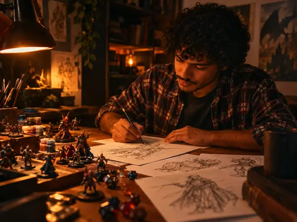 A game designer sketching fantasy characters by lamplight