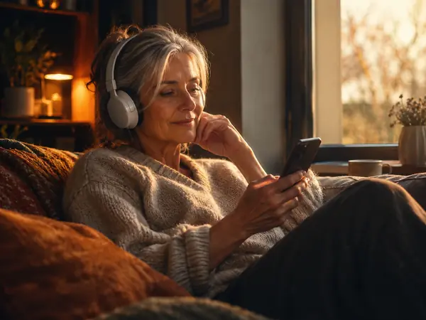 A woman listening to an article read aloud