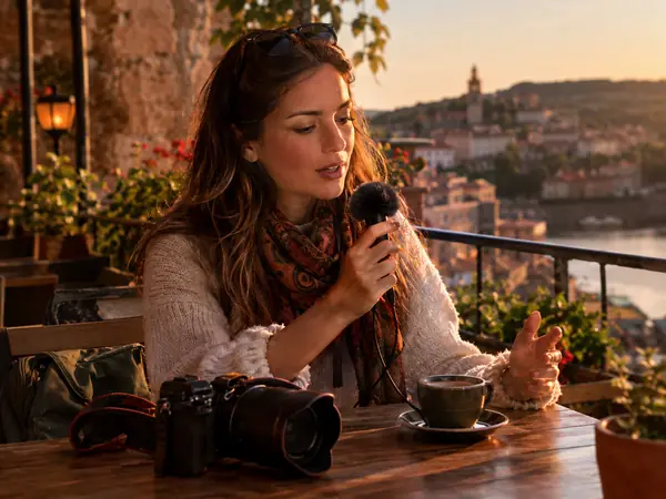 A travel vlogger recording a voiceover on a cafe terrace