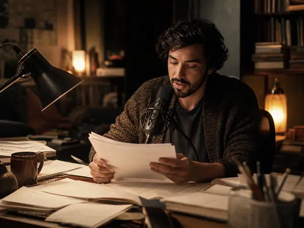 An author reading a manuscript aloud