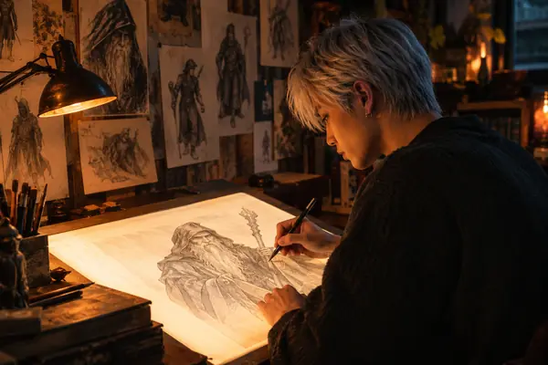 An animator drawing an old wizard