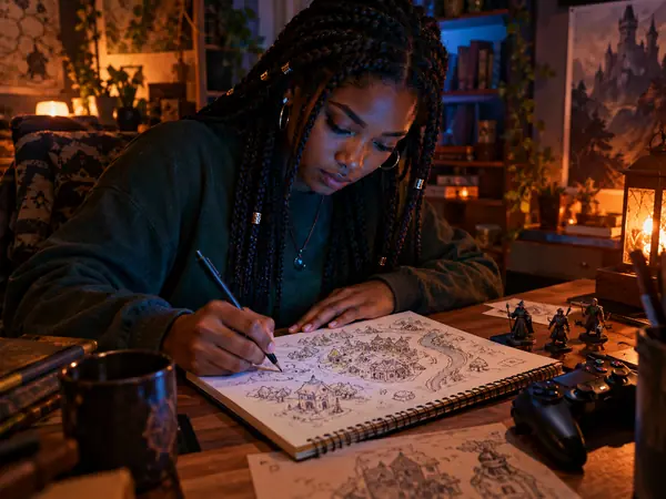 An indie game developer sketching a fantasy village map