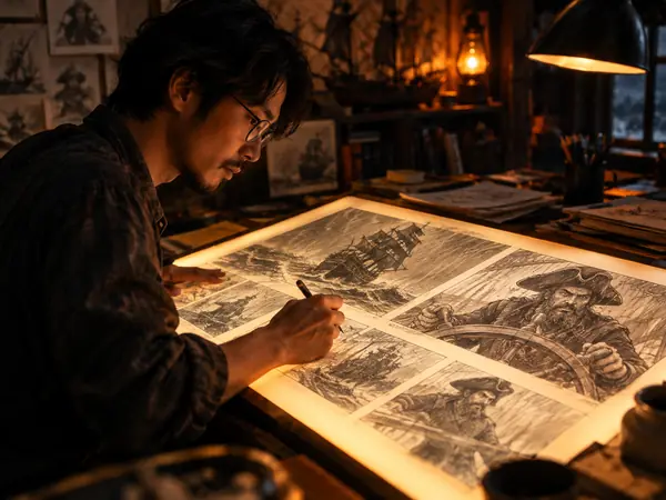 An animator drawing pirate storyboards