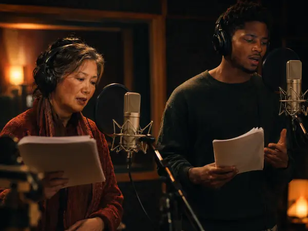Two voice actors performing a radio drama